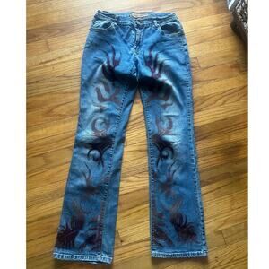 Crest Tribal Flame Graphic Jeans Size 6 – Y2K Edgy Statement Style